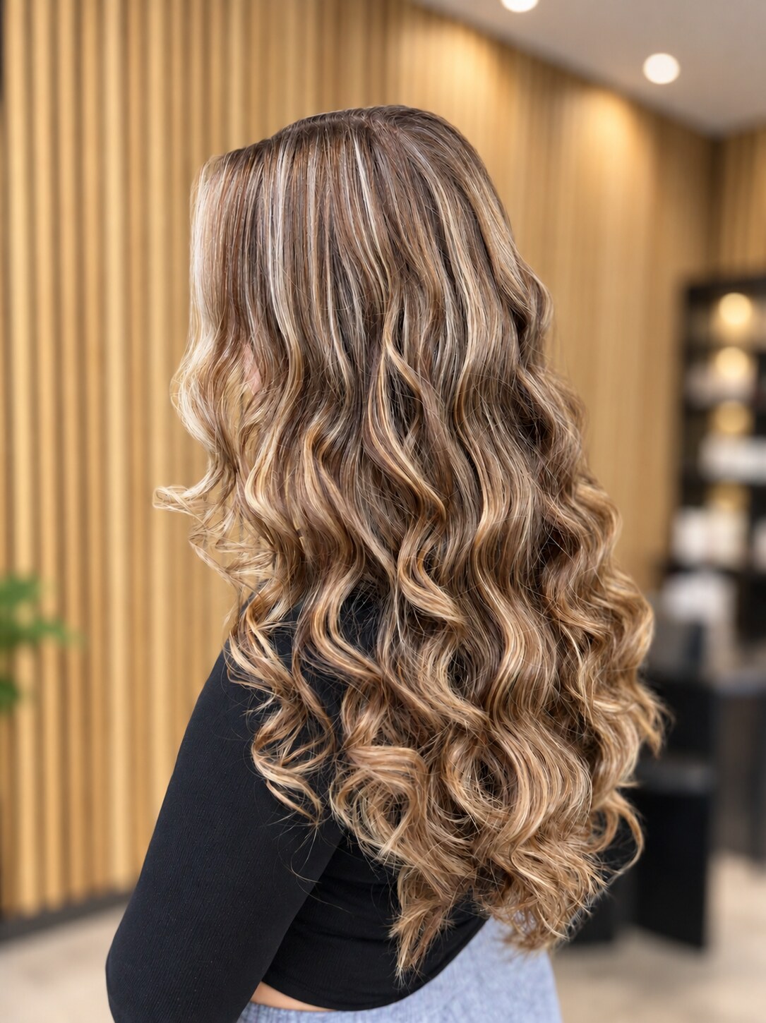 Professionelles Balayage mit weichen Locken und natürlichen beigeblonden Farbnuancen von Friseur H Team